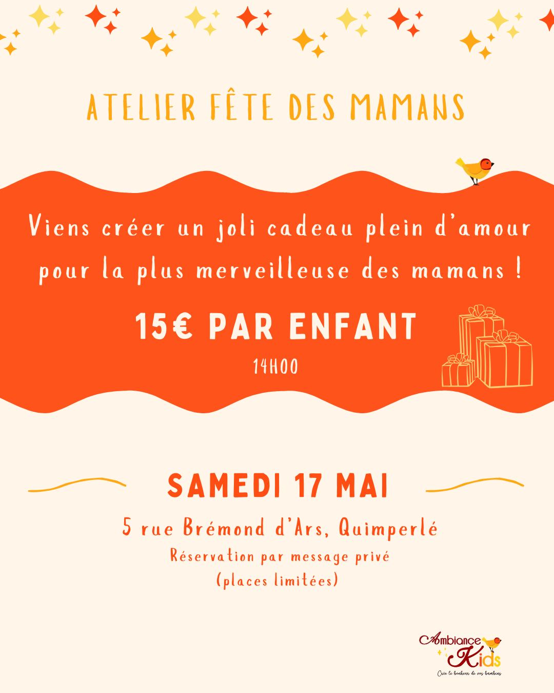 🌸🎨 Atelier spécial maman 🎨🌸
Venez fabriquer un joli cadeau pour la meilleure des mamans ! 💖
Chez Ambiance Kids, on vous aide à créer un cadeau plein d’amour. Un moment super fun et plein de magie pour gâter maman comme il se doit ! ✨🎁
📅 Réservez vite par message privé et préparez un cadeau que maman va adorer ! 😘
#AmbianceKids #CadeauMaman #FaitAvecAmour #MomentsMagiques #SuperMaman #ateliercreatif #finistere #Quimperlé #bretagne #enfant #cadeau #Tendresse