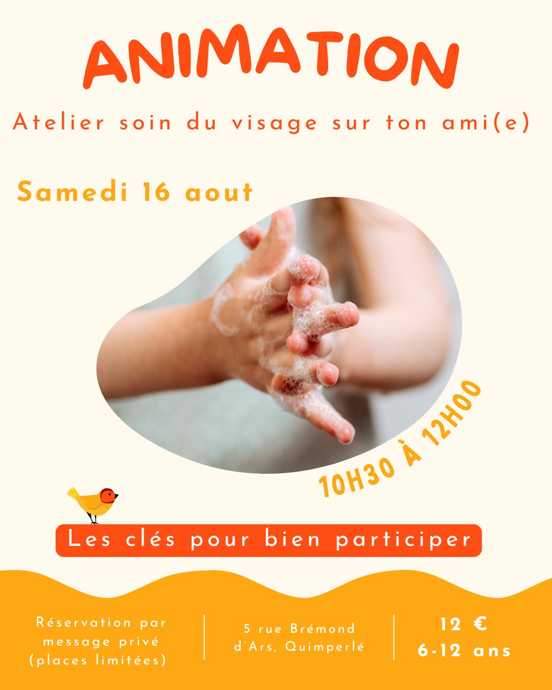 ✨ NOUVEAUTÉ ! ✨Atelier soin du visage… sur son ami(e) ! 🧖♀️💆♂️
📅 Samedi 16 août
🕙 10h30 à 12h00
👧👦 Enfants de 6 à 12 ans
💸 12€ par enfant
Un moment fun, éducatif et plein de rires ! 😍
📩 Réservation par message privé
📍 Ambiance Kids – Quimperlé
#atelierenfant #soinvisage #ambiancekids #bienetreenfant #Quimperlé #activiteenfant #Quimperlé