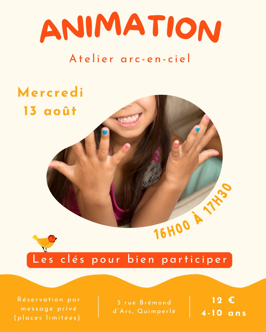 Atelier Créatif - Arc-en-ciel 🌈
Paillettes, couleurs et créations au programme pour émerveiller les petits artistes
🕦 Mercredi 13 août 16h00 - 17h30
👧👦 Pour les enfants de 4 à 10 ans
💰12€ par enfant
📲 Réservation en message privé
Places limitées -
#AmbianceKids #atelierlicorne #activiteenfant #loisirscreatifsenfants #paillettesmagiques #vacancesété #ideesortieenfant #quimperlé
#AtelierMagique #licorneparty #ambiancebienêtre