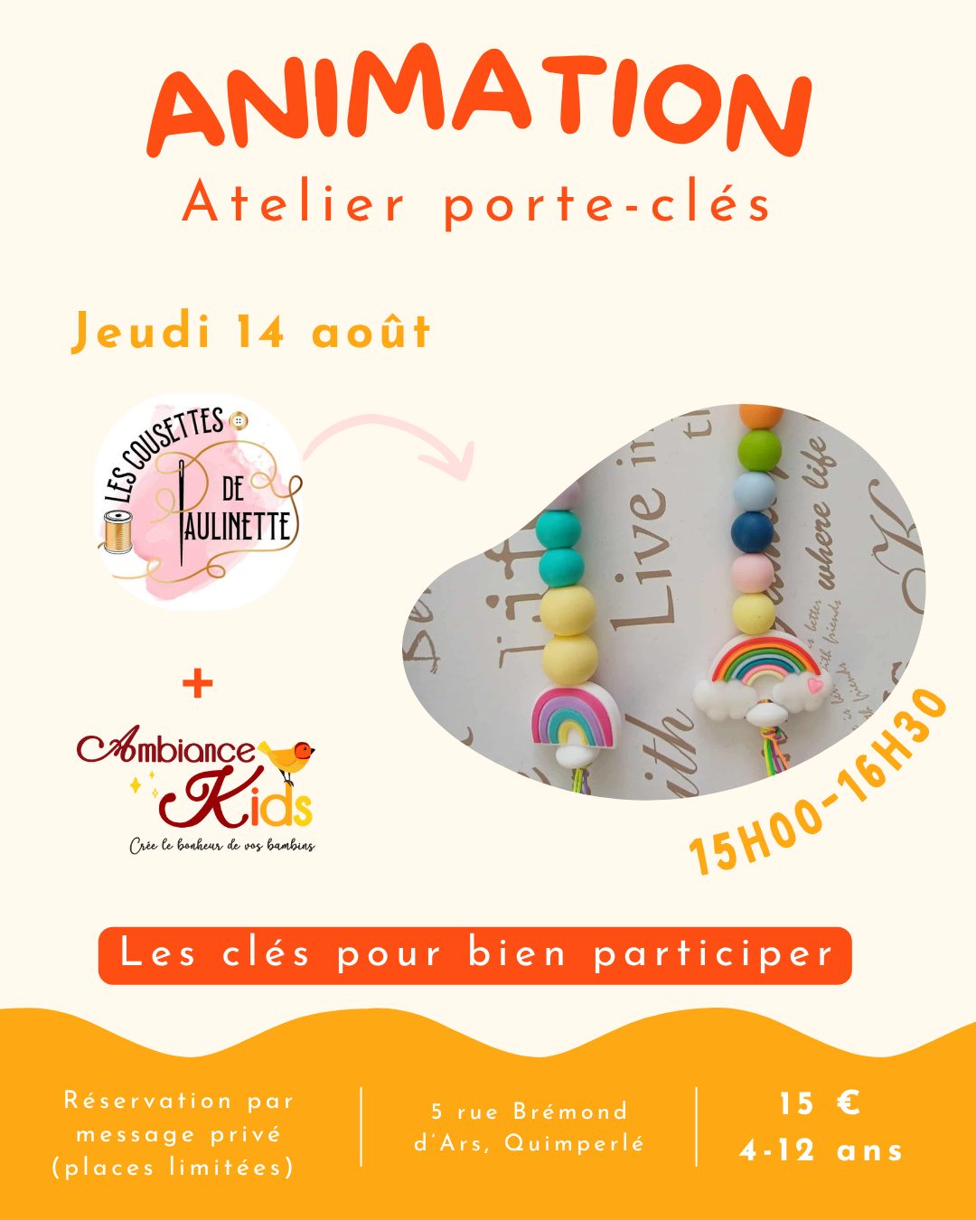 ✨Nous sommes heureux de vous annoncer notre partenariat avec @les_cousettes_de_paulinette
Ce jeudi 14 août, de 15h à 16h30, place à la créativité avec un atelier porte-clés spécial enfants chez Ambiance Kids avec @les_cousettes_de_paulinette ! 🌸
Tarif : 15 € par enfant
Si vous n'avez rien de prévu, c'est l'occasion parfaite. Et chaque enfant repartira avec son propre porte-clés fait main ! 🖐️
Réservations par message privé 📲
#AmbianceKids #ateliercreatif #CréativitéEnfant #momentfun #diy #quimperlé #activitésenfants #ideesortieenfant