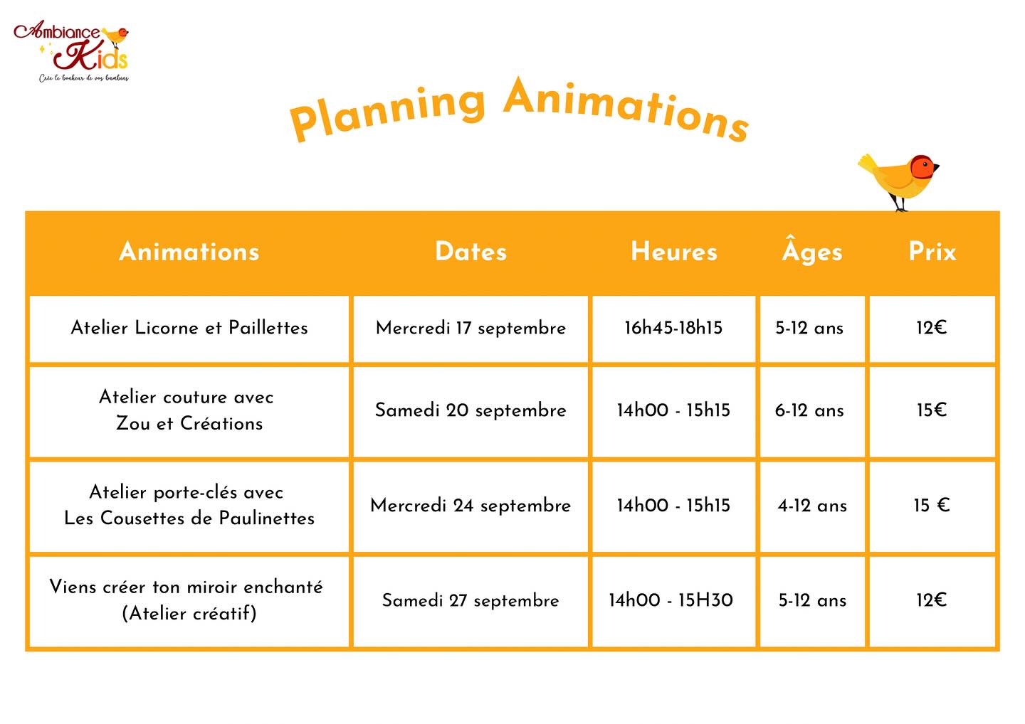 💫 Planning animations du mois de Septembre chez Ambiance Kids 💫
✨Place à la magie et à la créativité : un moment pour vos bambins de laisser libre cours à leur imagination dans la bonne humeur !
🦄 Atelier Licorne et Paillettes,
🪡 Atelier couture avec @et.zou.creations :
(paiement uniquement en espèces),
🌸 Atelier porte-clés avec @les_cousettes_de_paulinette :
(paiement uniquement en espèces),
🪞Atelier créatif: Viens créer ton miroir enchanté.
Ambiance Kids - Quimperlé
#animation #ambiancekids #quimperle #bretagne #finistere #kids #paillettes #imagination #ateliers #accessoire #faitmains #momentconvivialpartagé #createurs