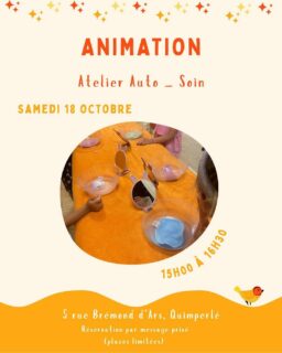 💫 Ateliers du mois d’octobre chez Ambiance Kids 💫
⭐️Atelier Auto-soin :
🗓️ Samedi 18 octobre de 15h00 à 16h30,
Pour les enfants de 4 à 12 ans,
(15€ par personne).
🪷Atelier Soin Padabhyanga Duo parent et enfant :
🗓️ Mercredi 22 octobre de 11h00 à 12h00,
Pour les enfants de 4 à 12 ans,
(15 € par duo).
💕 Massage en duo de 20min:
🗓️ Jeudi 23 octobre - créneaux disponibles :
- 10h00,
- 10h45,
- 11h15,
- 12h00.
Pour les enfants de 4 à 12 ans,
(15€ par personne).
💅Atelier fabrication de vernis:
🗓️ Vendredi 24 octobre de 16h30 à 18h00,
Pour les enfants de 4 à 12 ans,
(15€ par personne).
🎃Atelier citrouilles:
🗓️ Mercredi 29 octobre de 10h00 à 11h30,
Pour les enfants de 4 à 12 ans,
(15€ par personne).
💆♀️Atelier réalisation d’un soin visage sur ton ami(e):
🗓️ Jeudi 30 octobre de 13h30 à 15h00,
Pour les enfants de 4 à 12 ans,
(15€ par personne).
Ambiance Kids - Quimperlé 
#ateliervacances #bretagne #quimperle #finistere #ambiancekids #momentcreatif #ateliermassage #momentconvivialpartagé #vacances #kids #halloween #partage #programmeanimations #animations #enfants