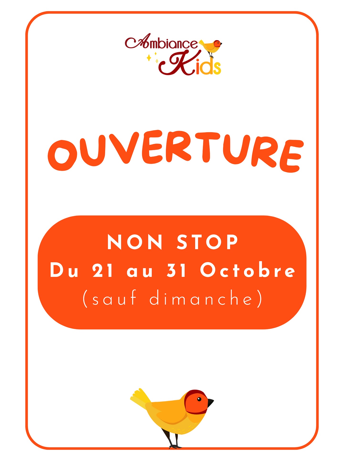 ✨ Ambiance Kids sera ouvert tous les jours à partir d’aujourd’hui jusqu’au jeudi 31 octobre (sauf le dimanche) !
👶 Profitez des vacances pour offrir un moment de détente à vos enfants 💆♀️
🛍️ Ou venez découvrir notre boutique en déstockage ✨
📍 On vous attend avec le sourire à Ambiance Kids – Quimperlé 
#ambiancekids #quimperlé #destockage #enfants #vacances #octobre #bretagne