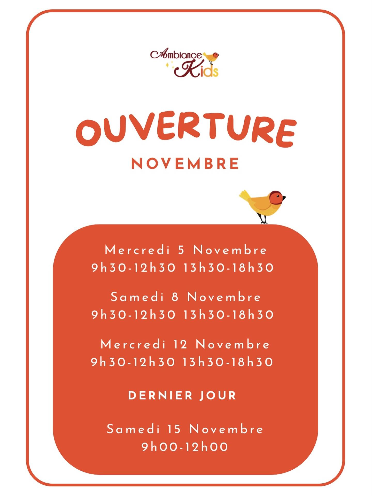 Bonjour ,
Voici les dernier jours d’ouvertures de novembre .
-40% sur tout le magasin ( sauf nailmatic, bouillotte et nougatine )
Il n’y aura pas de remises supplémentaires alors n’attendez pas le dernier jour .
Fermeture le samedi 15 à 12h 😌
Tous les soins kids sont disponibles chez @ambiancebienetrequimperle et le baby spa à partir de mi janvier .
Merci de partager l’info !
Delphy et Léïa ❤️
#quimperle #kids #boutique #shopping #noel #enfants #assiettes #nounours #peluche #ratatam #objets #puericulture #bague #bo #enfance